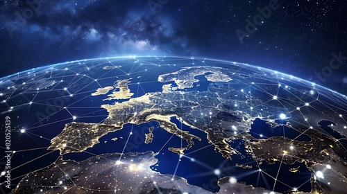 Communication technology with global internet network connected in Europe Telecommunication and data transfer european connection links IoT finance business blockchain security : Generative AI