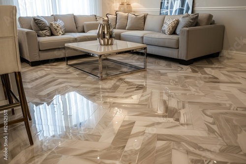 Marble floor tiles, arranged in a classic herringbone pattern, with a high-gloss finish, photo
