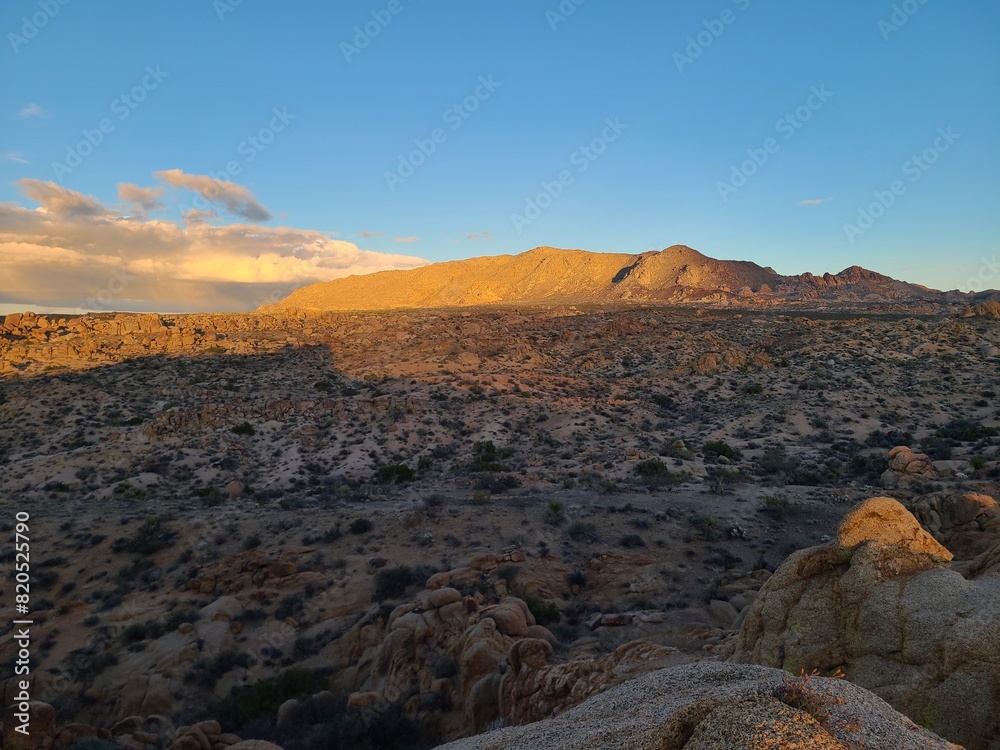 Fototapeta premium The evening sun shines on the desert sand and the barren mountains of the lower Colorado desert