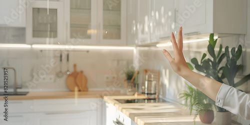 Custom kitchen design with female hands framing drawing and photo