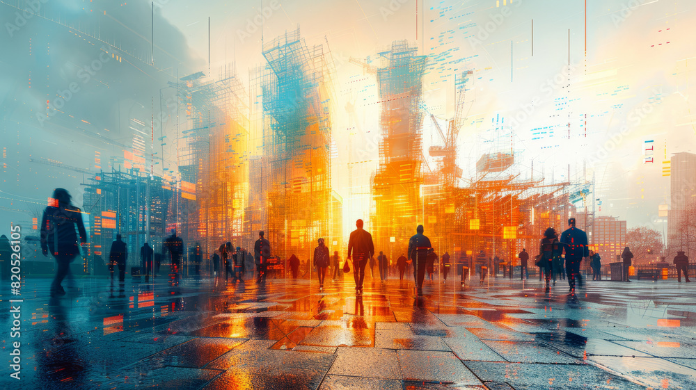 Obraz premium Double exposure graphic design transforms the construction scene,generative ai