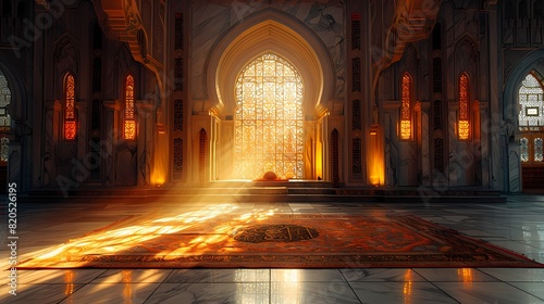 A mosque's mihrab with a Quran stand and a copy of the Holy Quran, bathed in warm light, creating a serene and spiritual atmosphere on a solid background