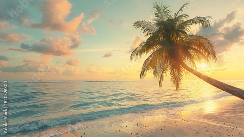 Island palm tree sea sand beach Panoramic beach landscape Inspire tropical beach seascape horizon Orange and golden sunset sky calmness tranquil relaxing summer mood Vacation travel ho : Generative AI © The Little Hut