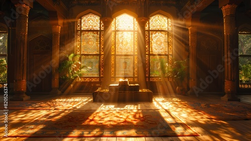 A mosque's mihrab with a Quran stand and a copy of the Holy Quran, bathed in warm light, creating a serene and spiritual atmosphere on a solid background