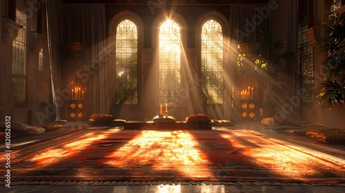 A mosque's mihrab with a Quran stand and a copy of the Holy Quran, bathed in warm light, creating a serene and spiritual atmosphere on a solid background