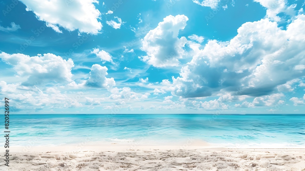 Beautiful beach with white sand turquoise ocean water and blue sky with clouds in sunny day Panoramic view Natural background for summer vacation : Generative AI