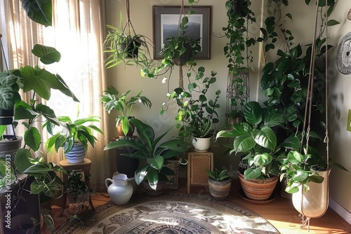 Lush indoor houseplant corner with various potted greenery.