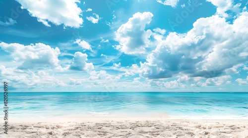 Beautiful beach with white sand turquoise ocean water and blue sky with clouds in sunny day Panoramic view Natural background for summer vacation : Generative AI © The Little Hut
