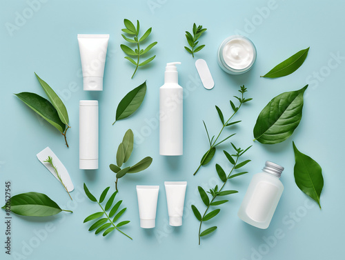 showcases an assortment of eco-friendly personal care items, including various cream jar, cream tube, all made of white plastic. The presence of green leaves accentuates the natural theme.