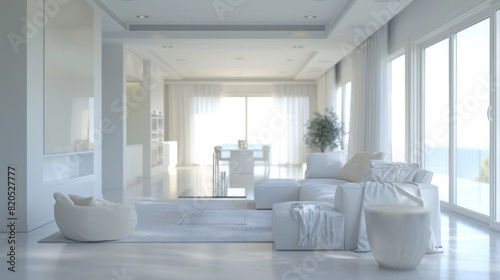 A large white living room with a white couch  a white dining table