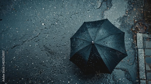 Top view of a black umbrella on a rain-drenched path, water droplets scattering as it moves, capturing a serene rainy day moment. photo