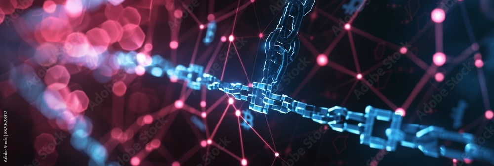 Fototapeta premium A modern digital background with blockchain symbols and cryptographic keys arranged in a geometric pattern, leaving a clear area on the top for overlaying market-driven text or graphics