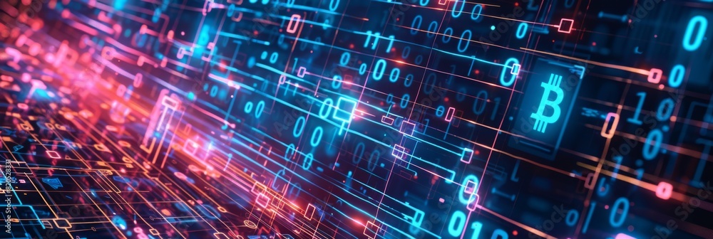 A modern digital background with blockchain symbols and cryptographic keys arranged in a geometric pattern, leaving a clear area on the top for overlaying market-driven text or graphics