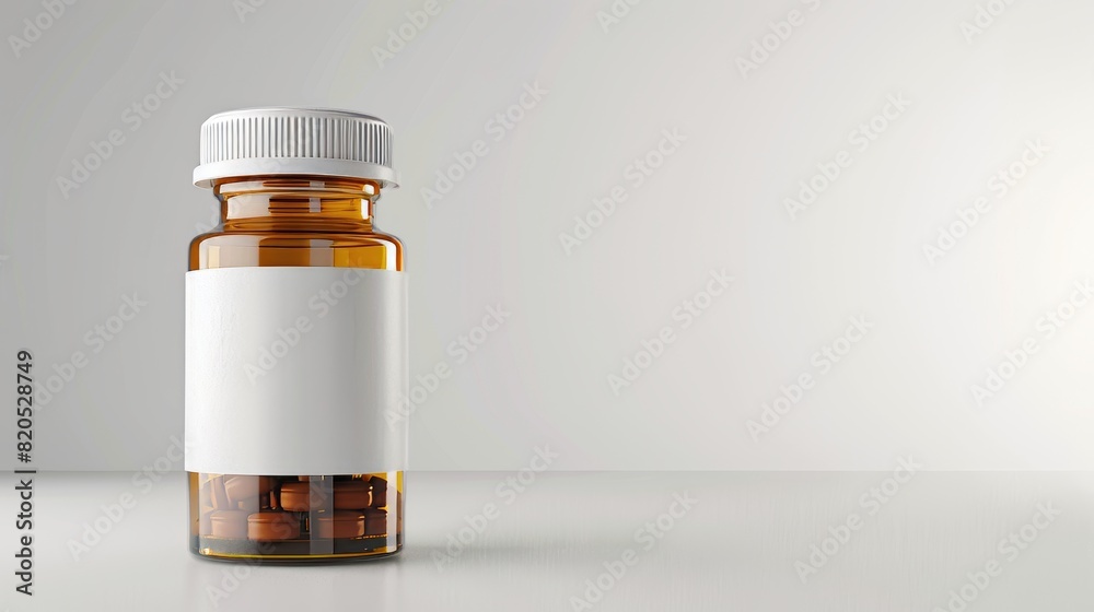 Single pill bottle with a blank label, tilted angle, reflective surface, isolated on white, studio lighting, high detail Single pill bottle with a blank label, tilted angle, reflective surface, isolated on white, studio lighting, high detail