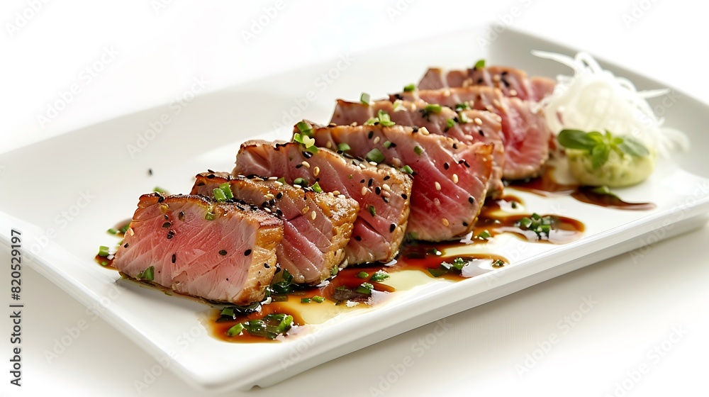 Elegant plate of seared tuna steak served with a wasabi aioli drizzle, presented on a pristine white background for a sophisticated dining experience.