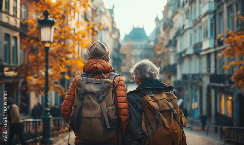 Two travelers with backpacks exploring a charming city street lined with autumn-colored trees and historic architecture. © Trichaiwat