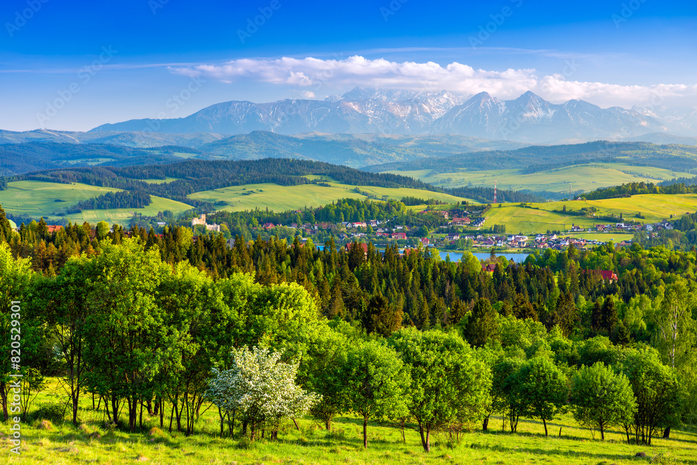 Mountain landscape in the Pieniny National Park at the foot of the Tatra Mountains. Pieniny Park is located on the border of Poland and Slovakia
