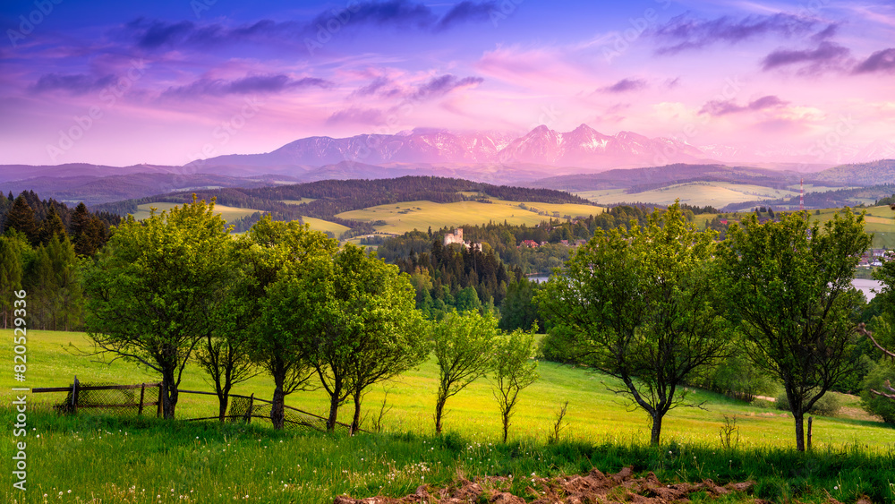 Mountain landscape in the Pieniny National Park at the foot of the Tatra Mountains. Pieniny Park is located on the border of Poland and Slovakia
