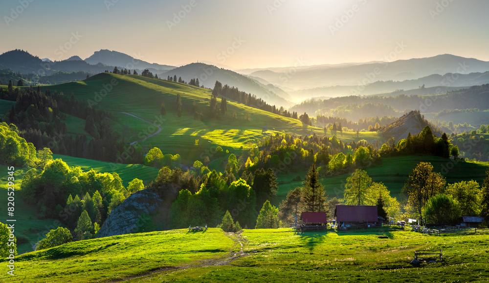 Mountain landscape in the Pieniny National Park at the foot of the Tatra Mountains. Pieniny Park is located on the border of Poland and Slovakia