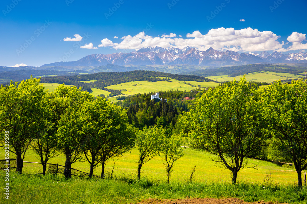 Mountain landscape in the Pieniny National Park at the foot of the Tatra Mountains. Pieniny Park is located on the border of Poland and Slovakia