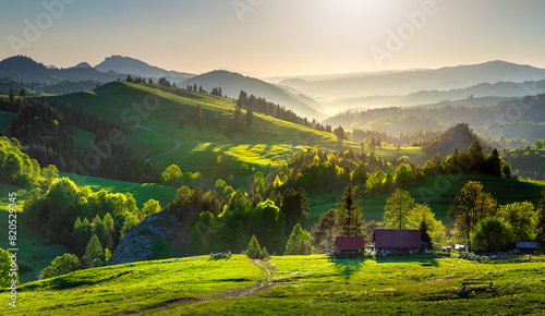 Mountain landscape in the Pieniny National Park at the foot of the Tatra Mountains. Pieniny Park is located on the border of Poland and Slovakia