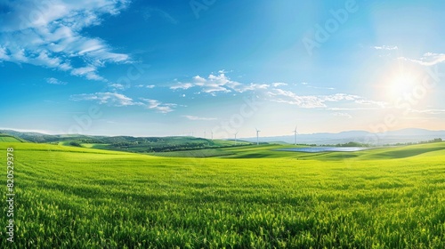 A large field of grass with a clear blue sky and a sun shining brightly