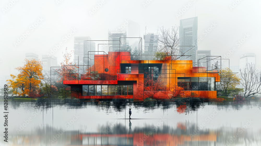 Fototapeta premium Building projects come alive with double exposure graphic design, showcasing the synergy of technology and creativity,generative ai