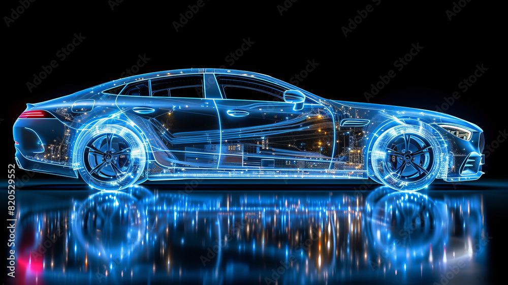 Blue hologram ordinary car, car structure, side view, black background,generative ai Blue hologram ordinary car, car structure, side view, black background,generative ai