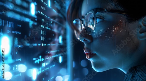 Software coding hologram and woman on tablet thinking of data analytics digital technology and night overlay Programmer or IT person in glasses on 3d screen programming and cybersecuri   Generative AI