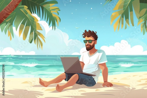 A man is sitting on the beach with a laptop in front of him © tope007