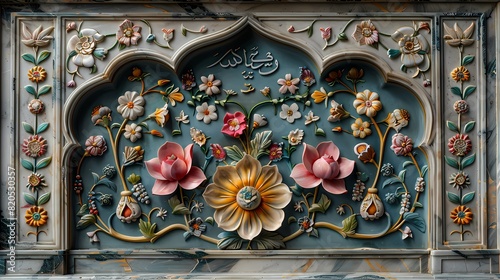 A Quranic verse written on a ceramic plate with delicate floral patterns, showcasing the fusion of art and spirituality, positioned on a solid background