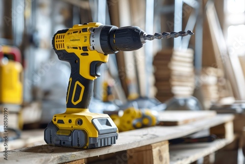 A yellow power drill sits on a wooden pallet photo