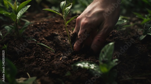 Closeup of Human Hand Grabbing Vegetation and Soil in Nature Concept of Loving Nature : Generative AI photo