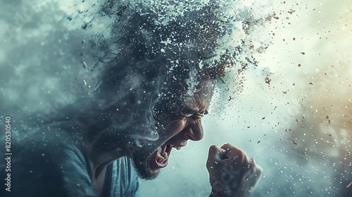 Crystalclear shot depicting anger and stress, person turning left with anxious gaze, right arm defensively raised, palpable tension, Midjourney generated