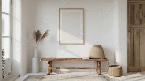 A white room with a wooden bench and a vase with flowers on it