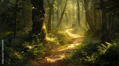 Enchanting woodland path winding through a dense forest  dappled with sunlight and shadows.