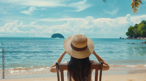 Summer beach vacation concept Asia woman with hat relaxing and arm up on chair beach at Koh Mak Trad Thailand : Generative AI photo