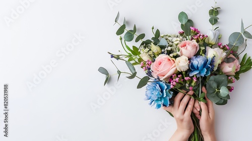 Girls hands holding beautiful flowers bouquet bombastic roses blue eringium eucalyptus isolated on white background Flat lay top view Floral composition : Generative AI