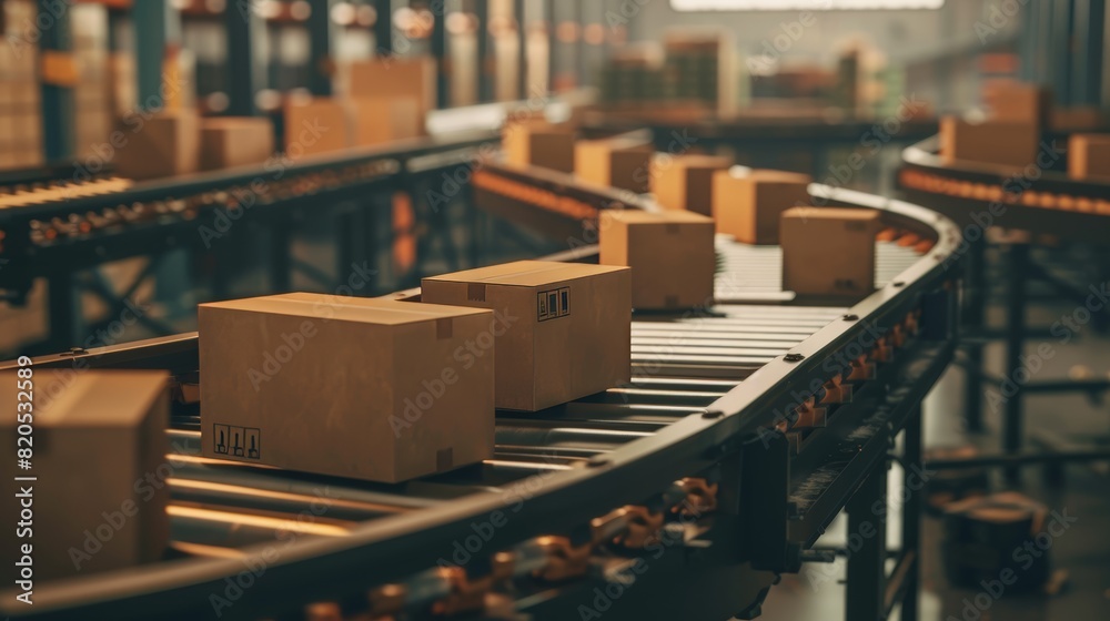 High-resolution close-up of various cardboard boxes on a conveyor belt, highlighting the systematic workflow in a warehouse fulfillment center