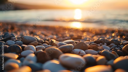 Pebble stones on the shore close up in the blurry sunset light in the distance background : Generative AI