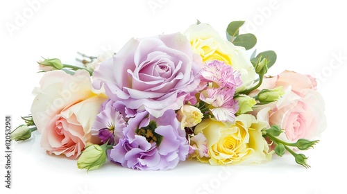 Pastel colors wedding bouquet made of Roses Freesia Carnation and Limonium flowers isolated on white : Generative AI