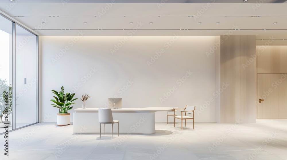 Contemporary white beige interior with wall panel, chair, sofa and decor. 3d render illustration mockup.