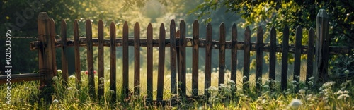 A rustic fence made of old wooden logs on the plot border. Generative AI