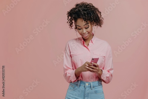 Woman in Pink Shirt Looking at Cell Phone