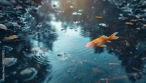 A lone koi fish swims in a shallow pond