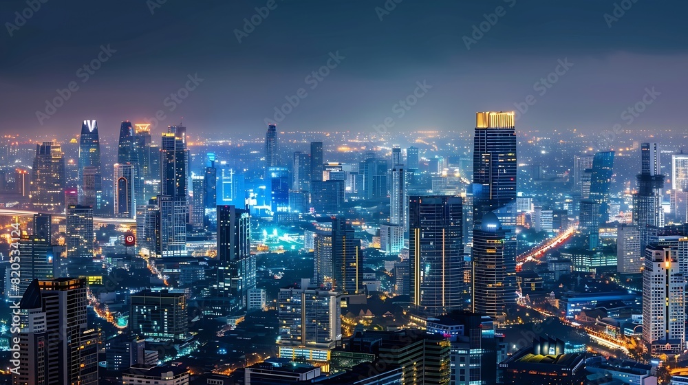 Smart network and Connection technology concept with Bangkok city background at night in Thailand Panorama view : Generative AI Smart network and Connection technology concept with Bangkok city background at night in Thailand Panorama view : Generative AI