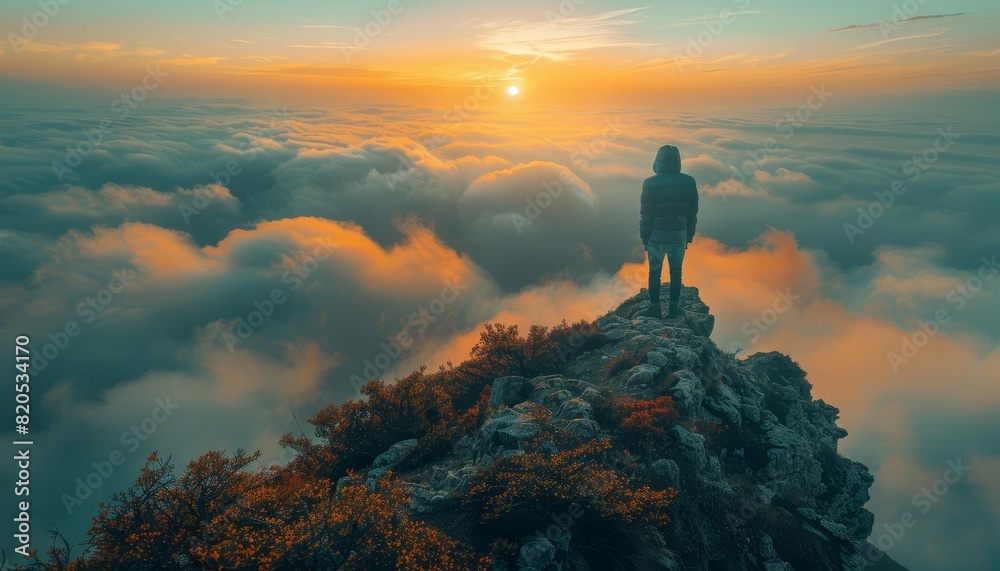 A lone figure stands atop a rocky peak, surveying the vast expanse of clouds below. The setting sun casts a golden glow on the scene, creating a breathtaking vista.