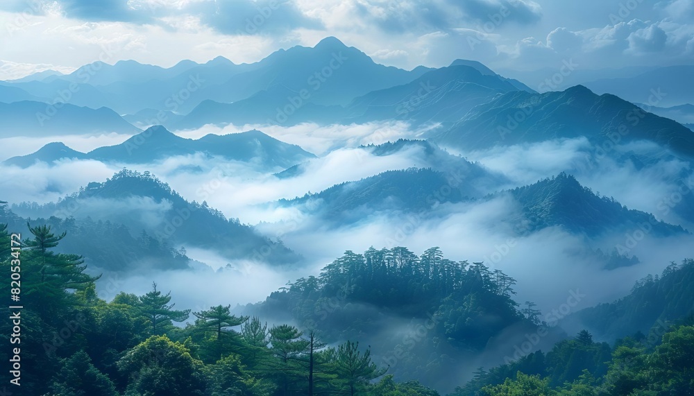 A beautiful landscape of misty mountains in the morning