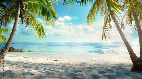 panorama of tropical beach with coconut palm trees : Generative AI © The Little Hut