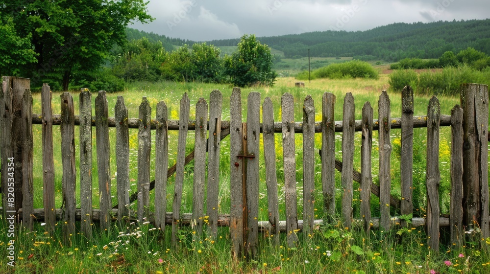 Obraz premium A rustic fence made of old wooden logs on the plot border. Generative AI